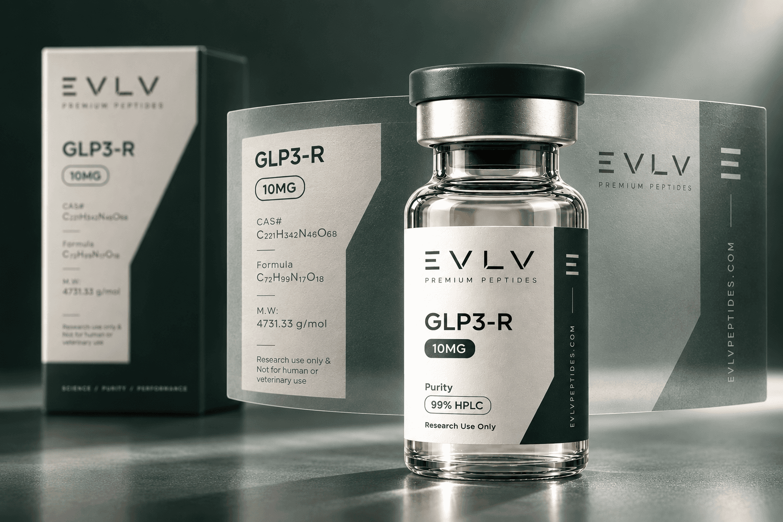 EVLV GLP3-R research vial with transparent label detail